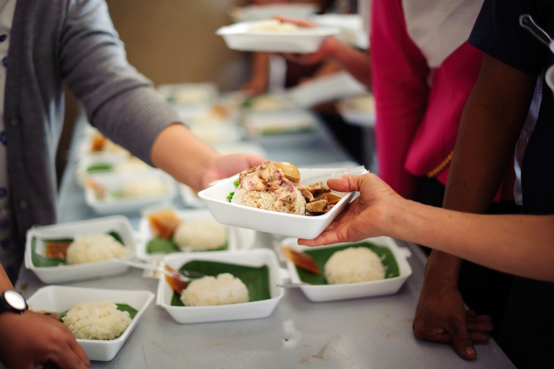 concept of begging food : Beggar begs food from donors: concept of poverty in Asian society