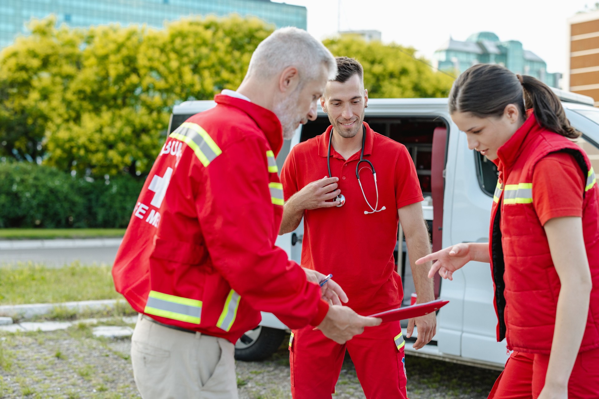 Emergency response team coordinating a rescue operation outdoors